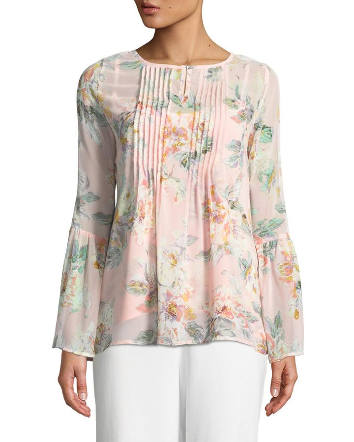 Floral-chiffon Bell-sleeve Blouse