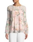 Floral-chiffon Bell-sleeve Blouse
