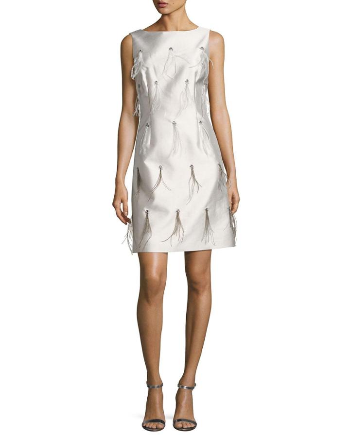 Bateau-neck Hand-beaded Cocktail Dress W/ Feathers