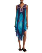Tassel-neck Sleeveless Multicolor Pleated Dress W/ Painted-beaded Trim