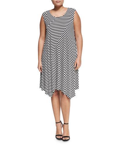 Scoop-neck Asymmetric-hem Striped Dress, Black/white,