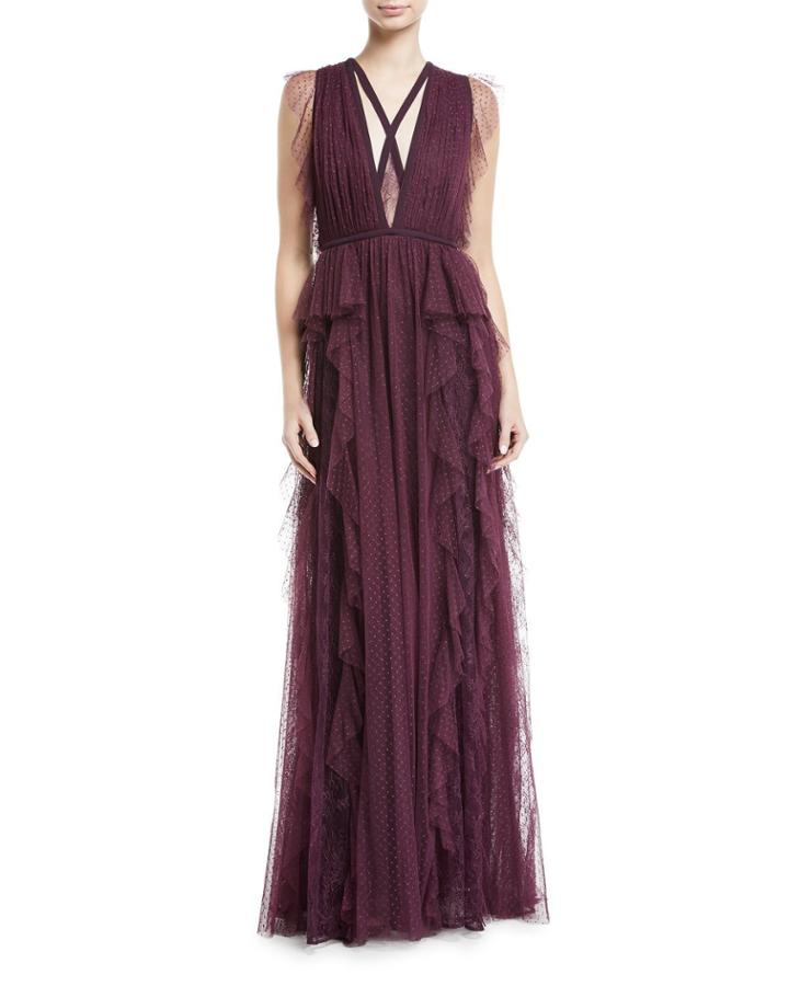 Ruffled Swiss Dot V-neck Gown