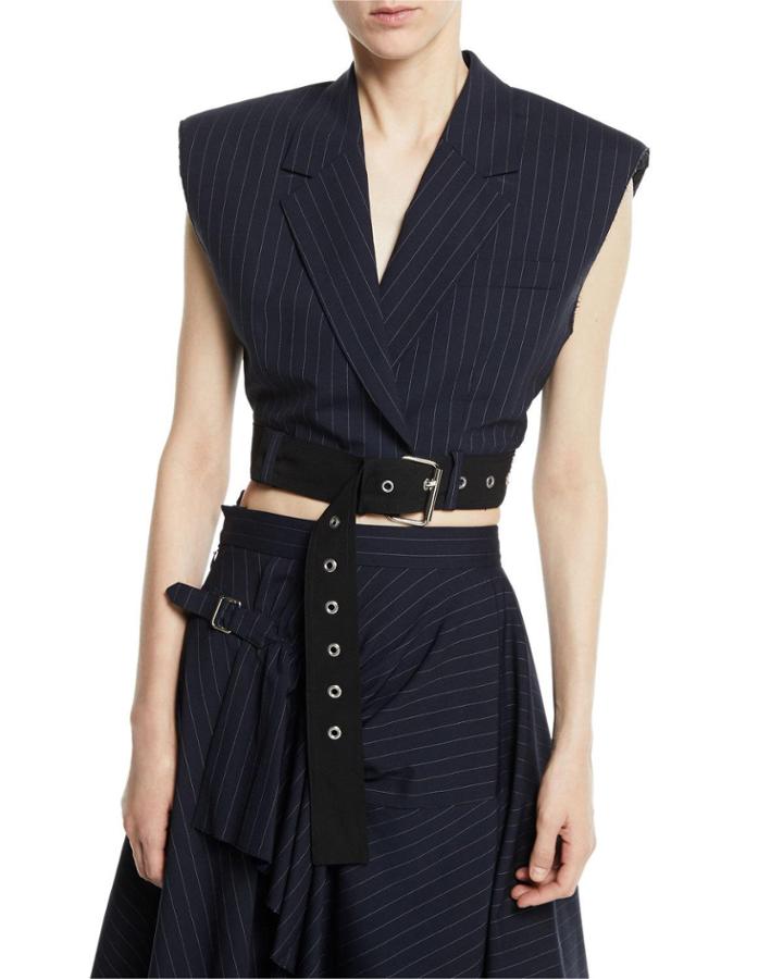 Cropped Pinstripe Vest With Sculpted Shoulders & Belt