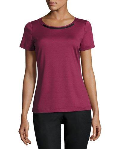 Faux-leather Trim Tee, Pomegranate