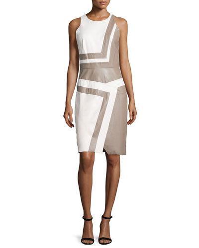 Sleeveless Bicolor Sheath Dress, Ivoire/smokey Quartz