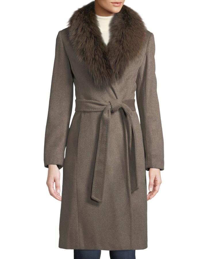 Fox-fur Collar Slick Wool Wrap Coat