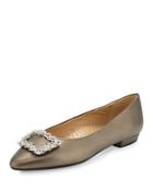 Georgia Crystal-buckle Leather Flat, Pewter/silver