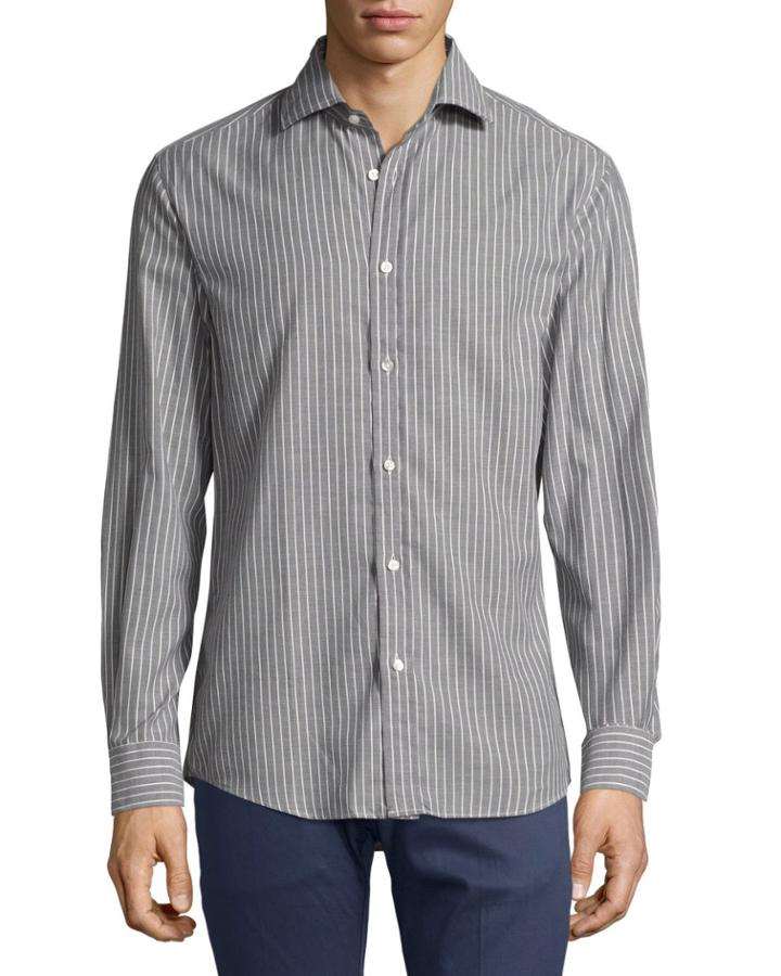 Striped Twill Cotton Shirt, Gray/white