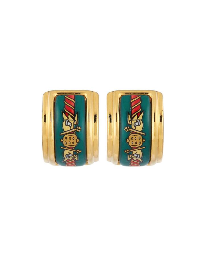 Estate Bird Enamel Earrings, Green/gold