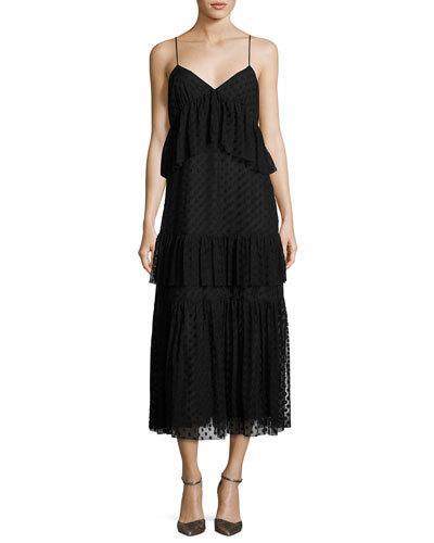 Sleeveless Polka-dot Lace Tiered Dress, Black
