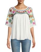 Half-sleeve Embroidered-mesh Blouse