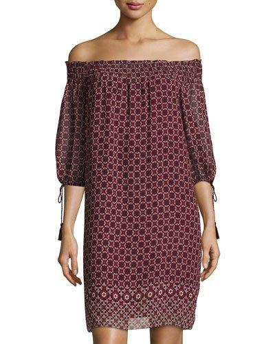 Geometric-print Off-the-shoulder Smocked Dress, Wine