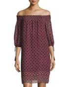 Geometric-print Off-the-shoulder Smocked Dress, Wine