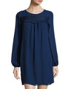 Ruffled-trim Long-sleeve Georgette Dress, Navy