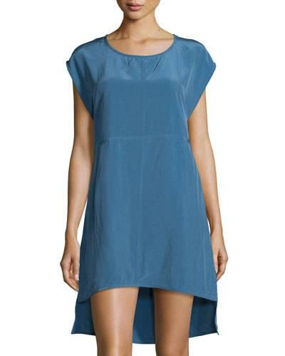 Short-sleeve A-line High-low Dress, Blue