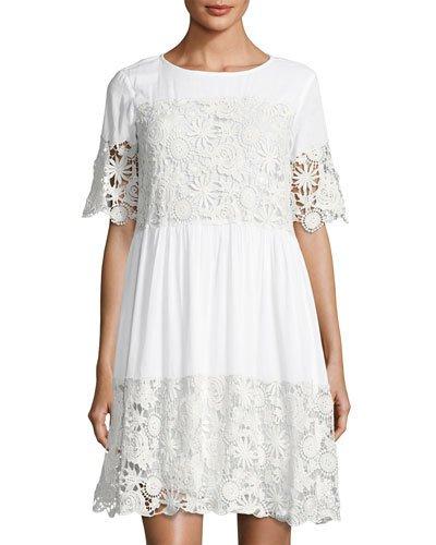 Lace-trim Short-sleeve A-line Dress, White