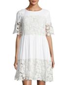 Lace-trim Short-sleeve A-line Dress, White
