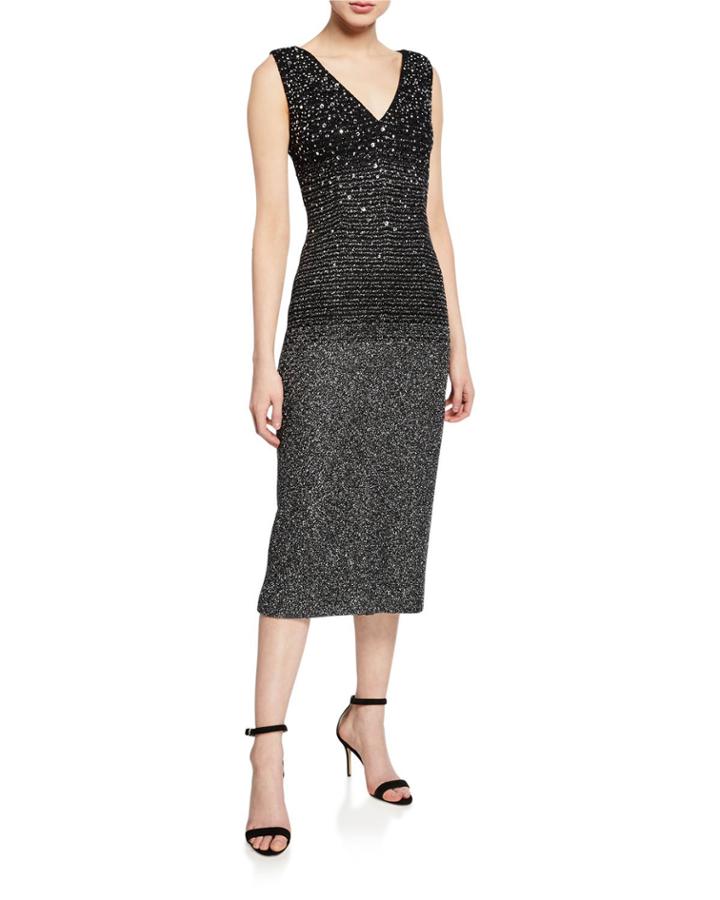 Sequined Ombre Metallic Tweed Sleeveless Cocktail Dress