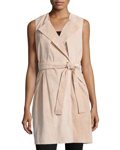 Belted Suede Trench Vest, Blush