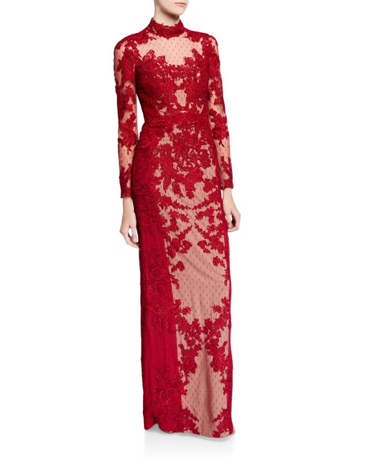 Mock-neck Long-sleeve Point D'esprit Lace Illusion Gown