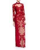 Mock-neck Long-sleeve Point D'esprit Lace Illusion Gown