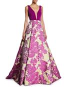 Plunging V-neck Pleated Floral Gown