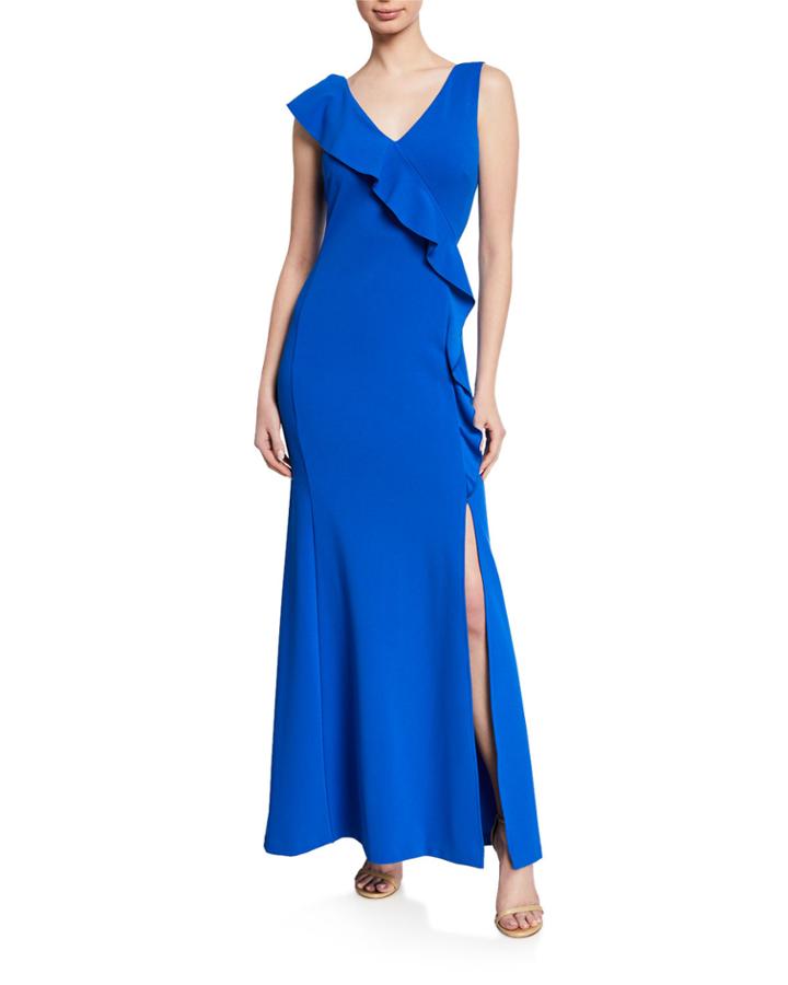 Cascading Ruffle Slit Column Gown