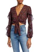 Elective Floral Blouson-sleeve Tie-front Ruffle Crop Top
