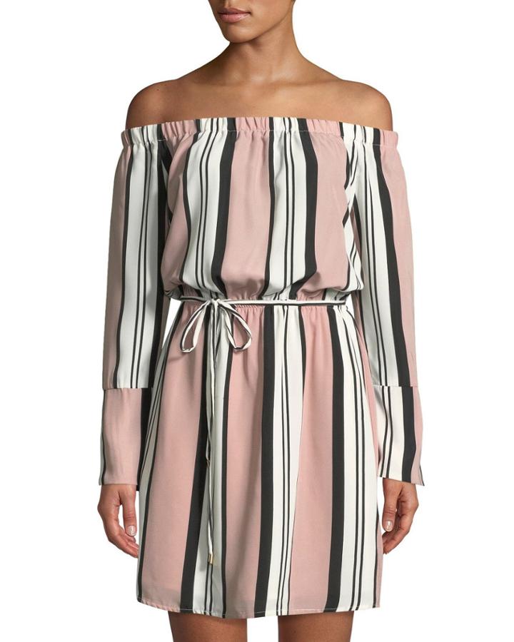 Off-the-shoulder Striped Belted Dress