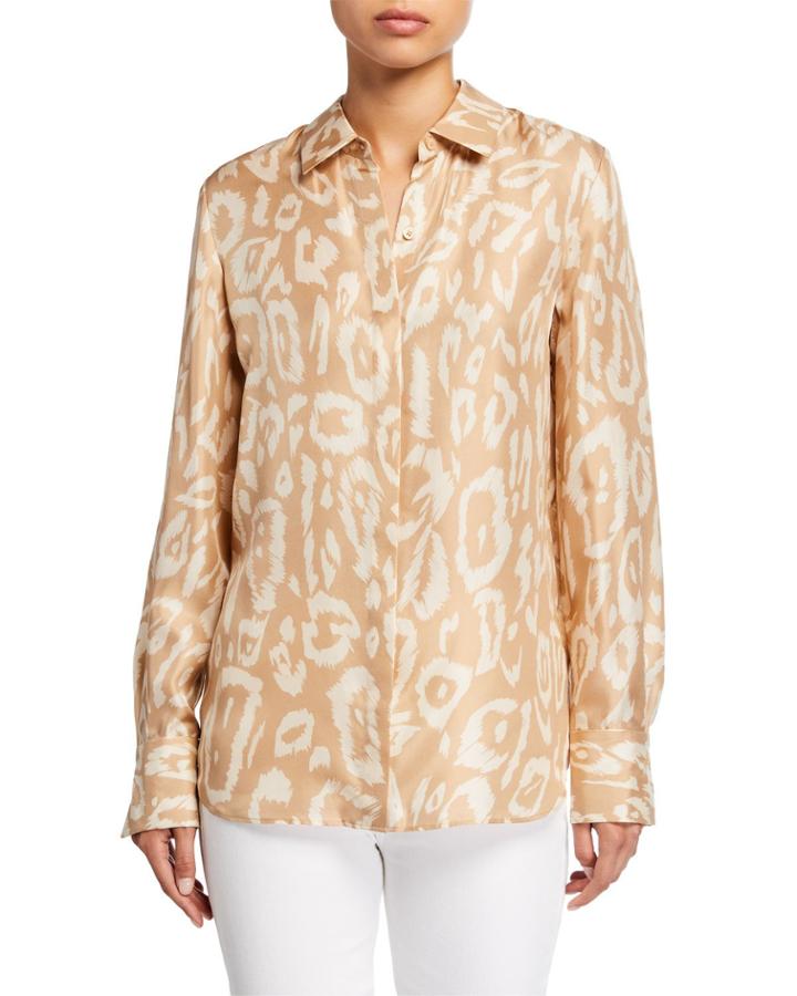 Painted Leopard Silk Button-down Blouse