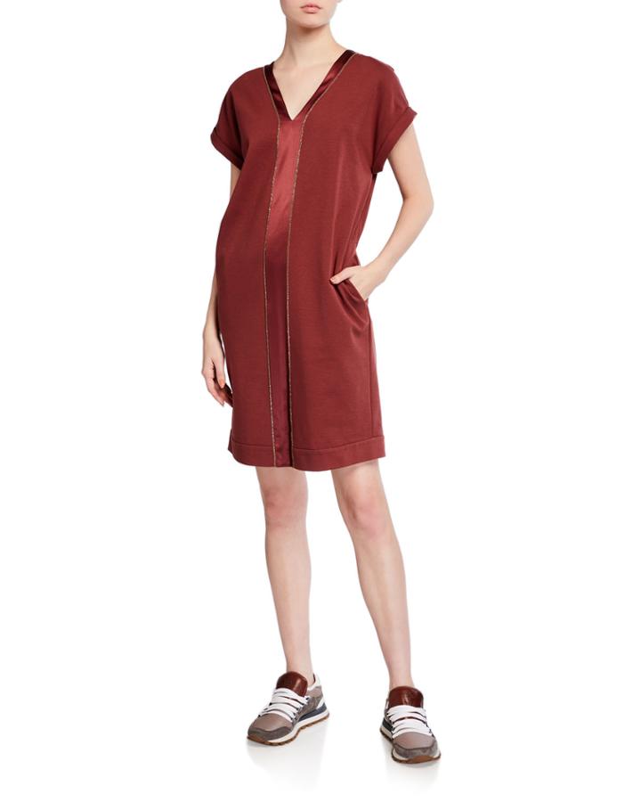 Felpa Cap-sleeve Monili Beaded Satin-stripe Dress