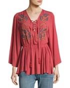 Lace-up Embroidered Peasant Top
