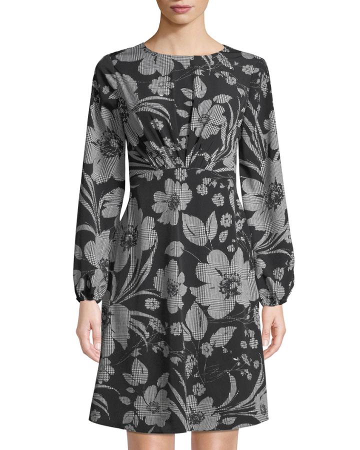 Puff-sleeve Gathered Floral-print Dress