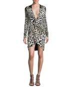 Leopard-print Long-sleeve Deep-v Dress,