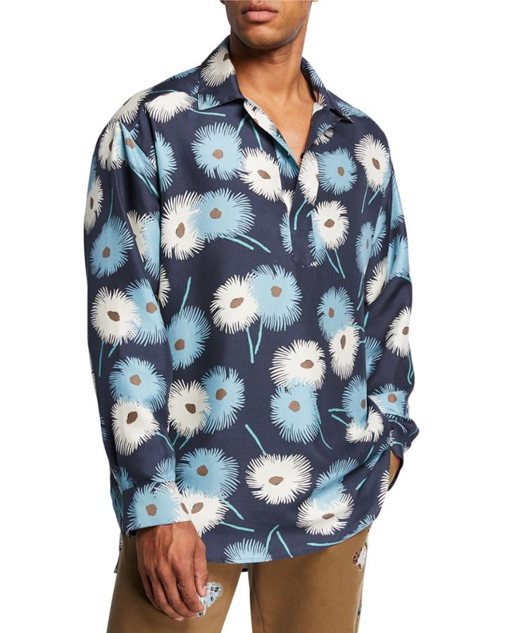 Men's Silk Dandelion-print Long-sleeve Pullover