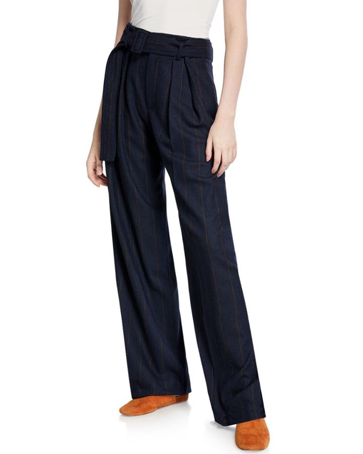 Belted Wide-leg Pinstripe Pants