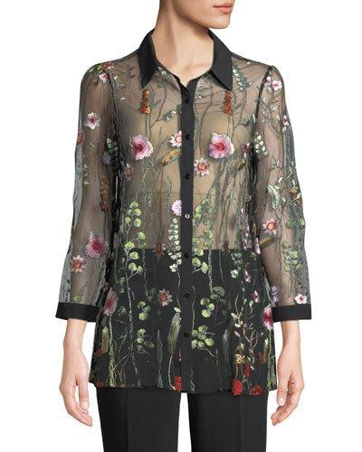 Embroidered-mesh Button-front Blouse