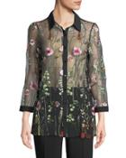 Embroidered-mesh Button-front Blouse