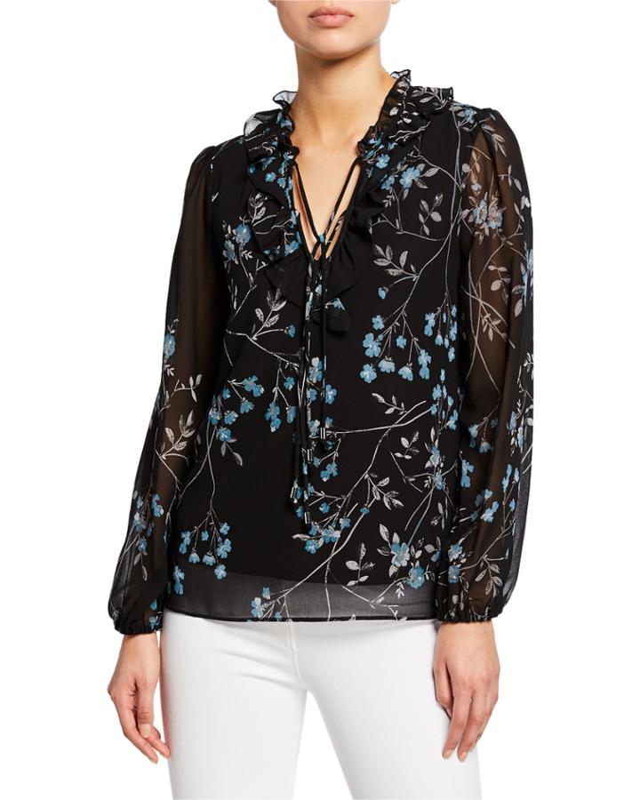 Frosted Blooms Tie-neck Blouse