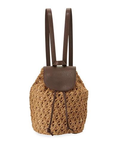 Crochet Straw Flap Backpack, Tan