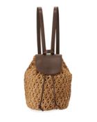 Crochet Straw Flap Backpack, Tan
