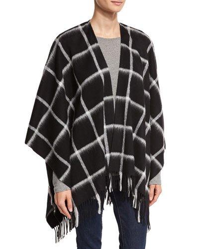 Wool Grid-print Ruana Wrap, Black/white