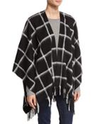 Wool Grid-print Ruana Wrap, Black/white
