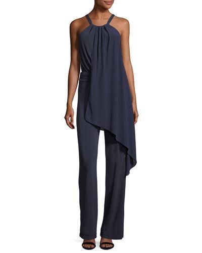 Grand Cascading Halter Jumpsuit, Blue