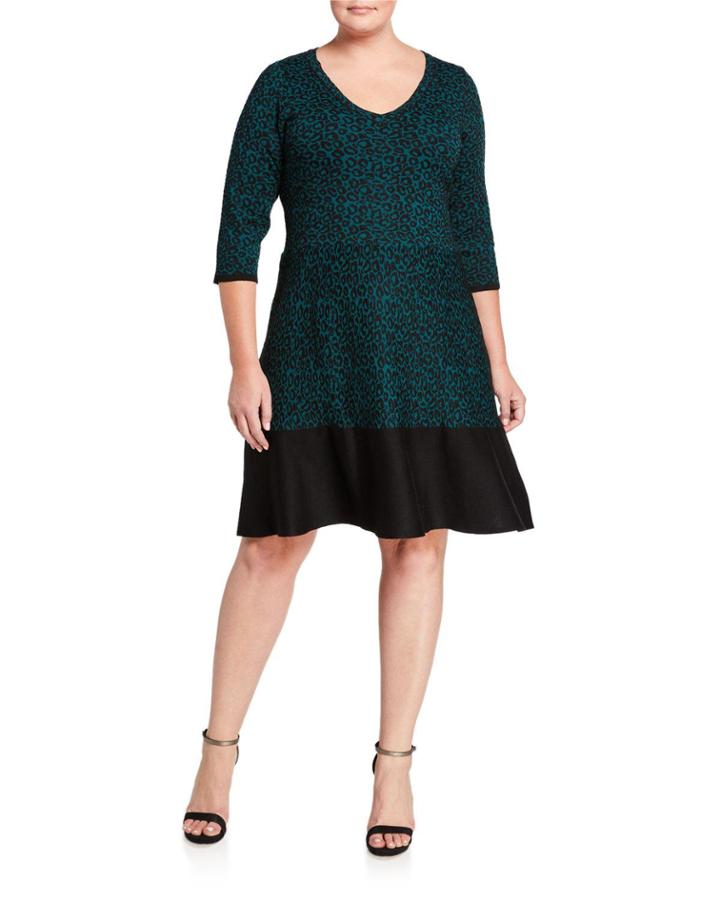 Plus Size Colorblock Leopard-print 3/4-sleeve