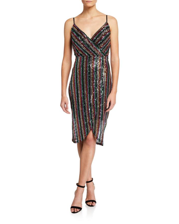Sequin Striped Faux-wrap Cocktail Dress