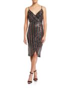 Sequin Striped Faux-wrap Cocktail Dress