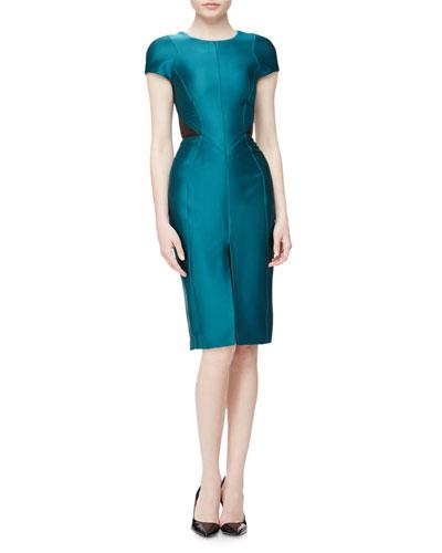 Cap-sleeve Leather-inset Day Dress, Jade