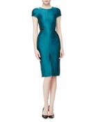 Cap-sleeve Leather-inset Day Dress, Jade