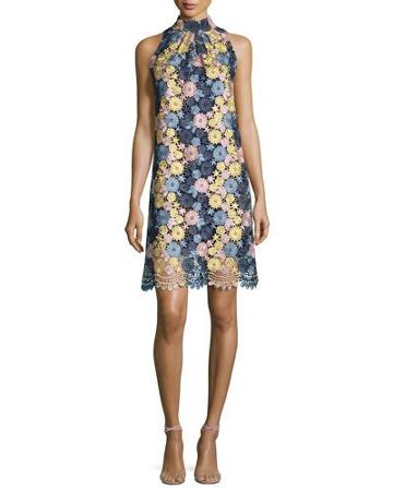 Sleeveless Floral Lace Cocktail Dress, Navy/multicolor